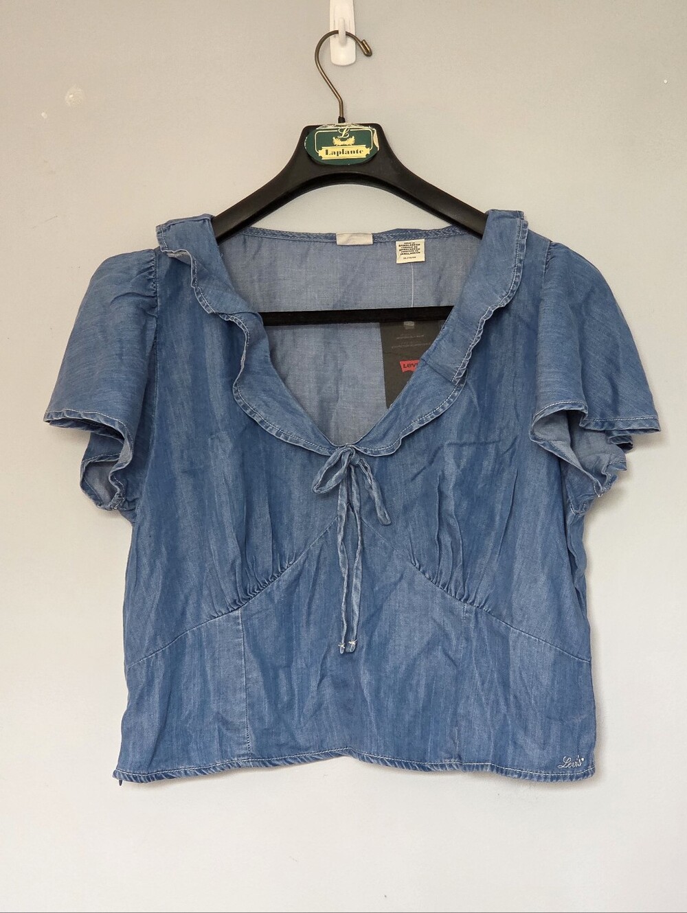 ​NWT Levi's Blue Corset Style Ruffle Milkmaid Tie Front Blouse Sz XL Ruffles 🦋